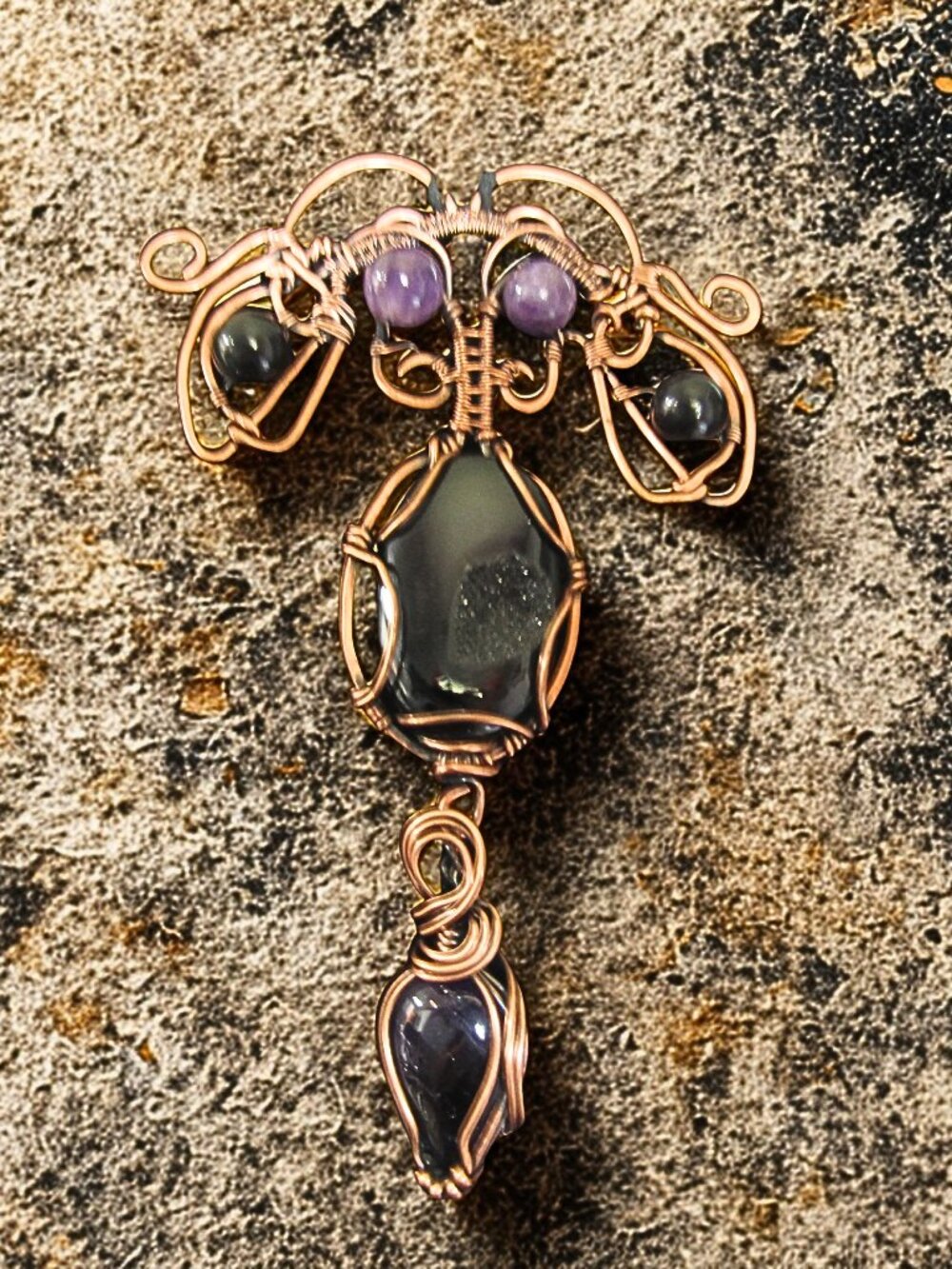 Handmade Wire wrapped Statement Necklace w/ Amethyst, Obsidian Druzy, Copper